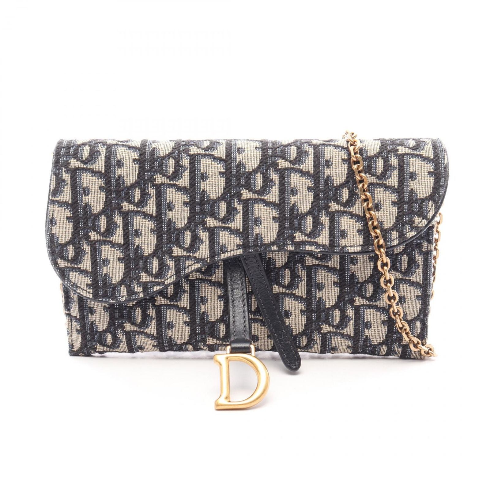 Dior Shoulder Bag Saddle Wallet Oblique Jacquard Navy Canvas Leather Chain