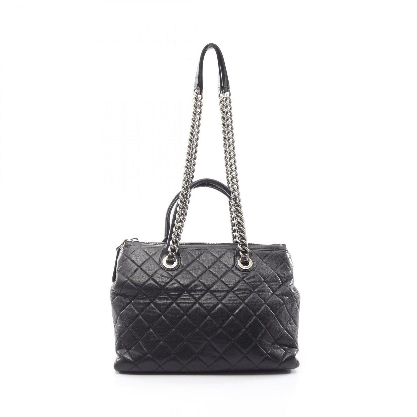 Chanel Tote Bag Quilted Antique Silver 2-Way Black Leather Chain