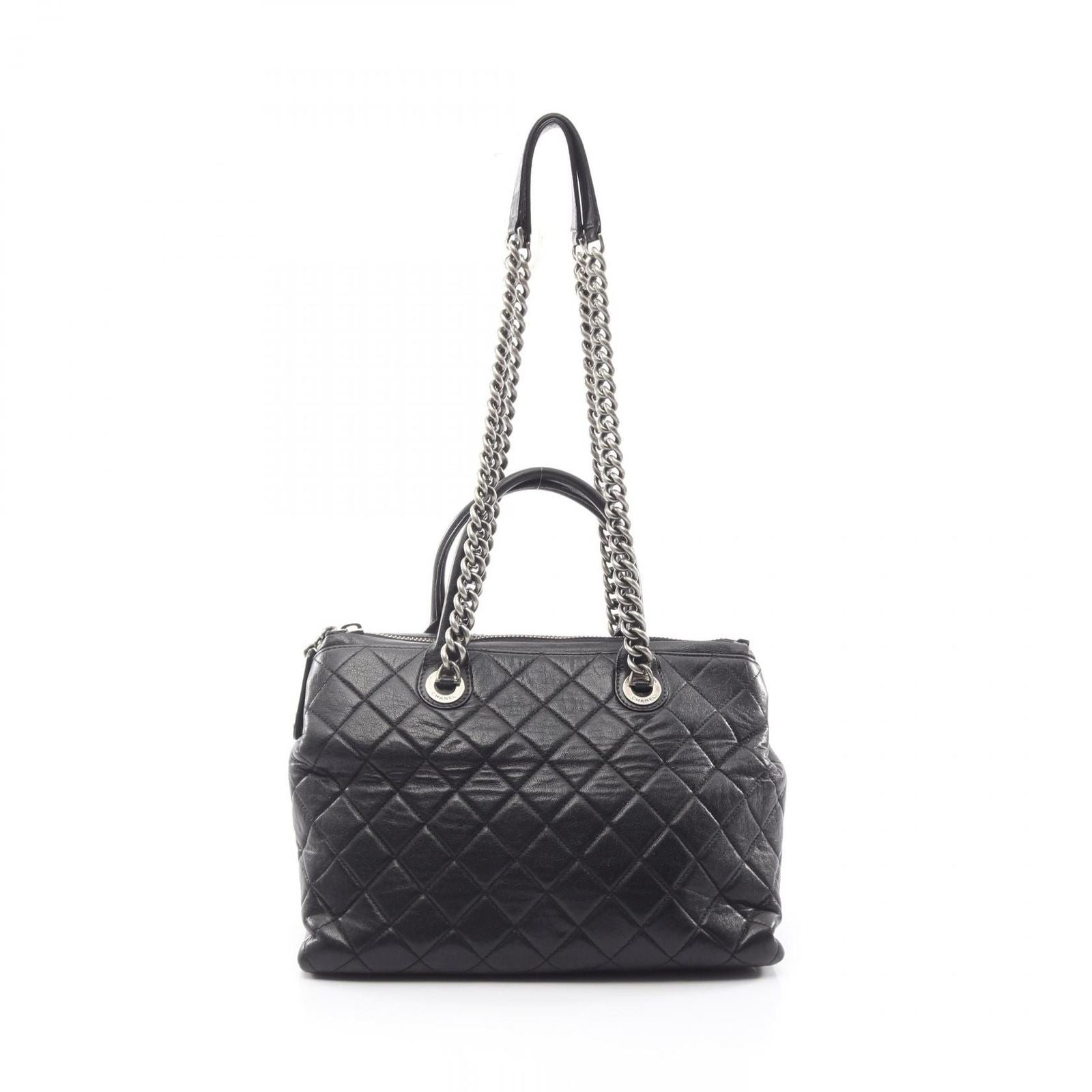 Chanel Tote Bag Quilted Antique Silver 2-Way Black Leather Chain