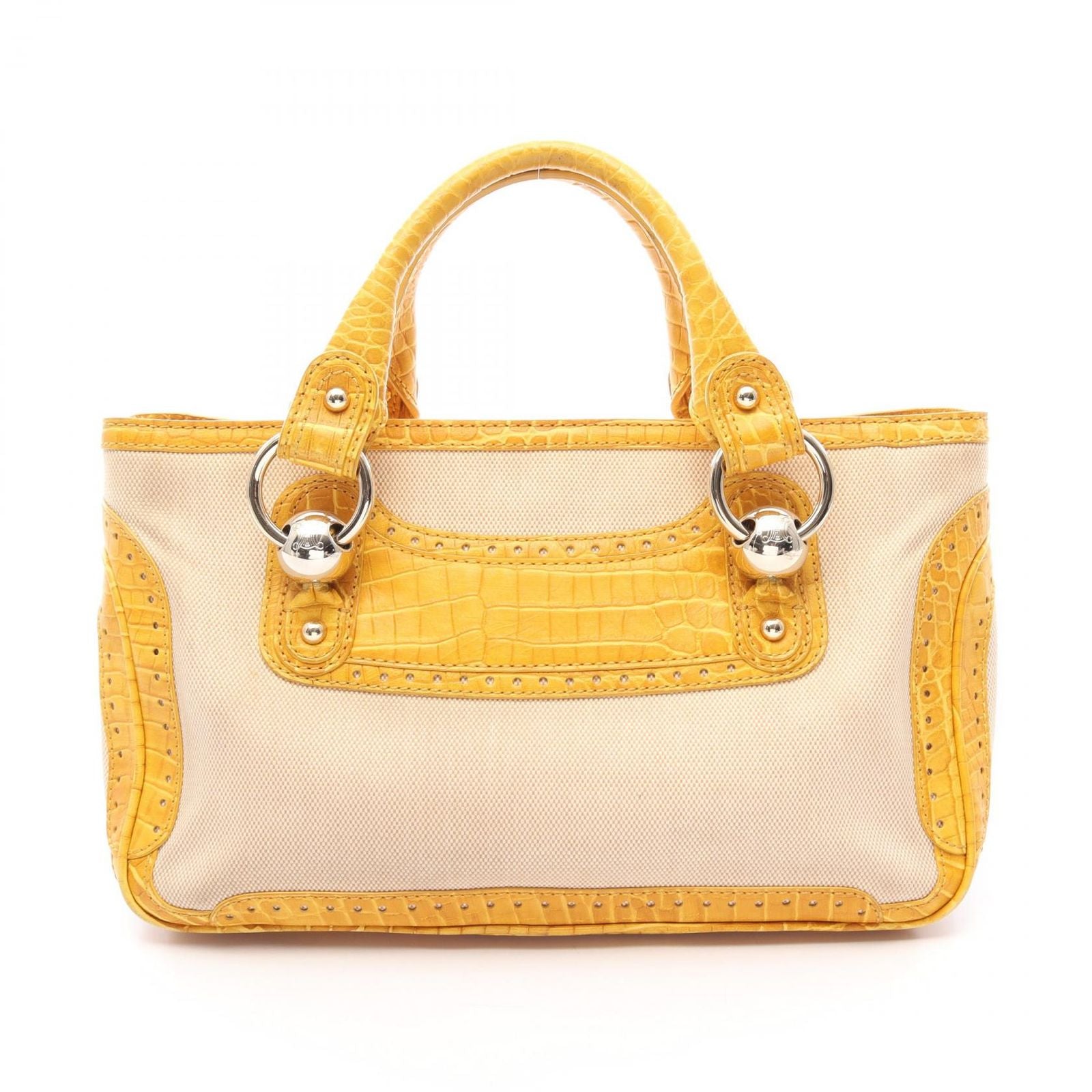 Celine Handbag Boogie Bag Croco Embossed Beige Yellow Canvas Leather