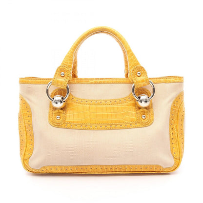 Celine Handbag Boogie Bag Croco Embossed Beige Yellow Canvas Leather