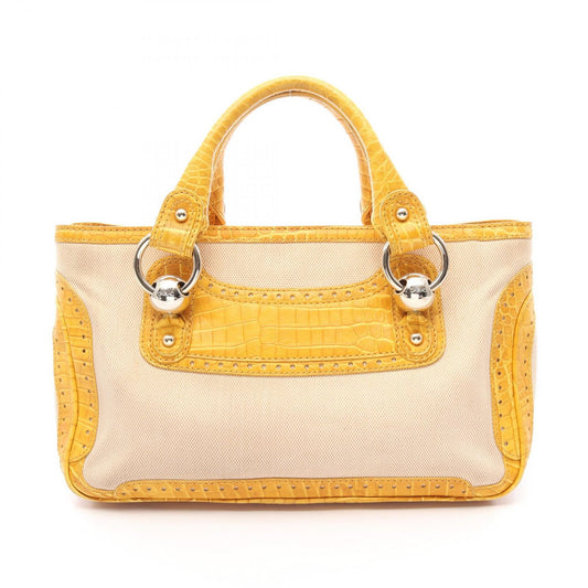 Celine Handbag Boogie Bag Croco Embossed Beige Yellow Canvas Leather