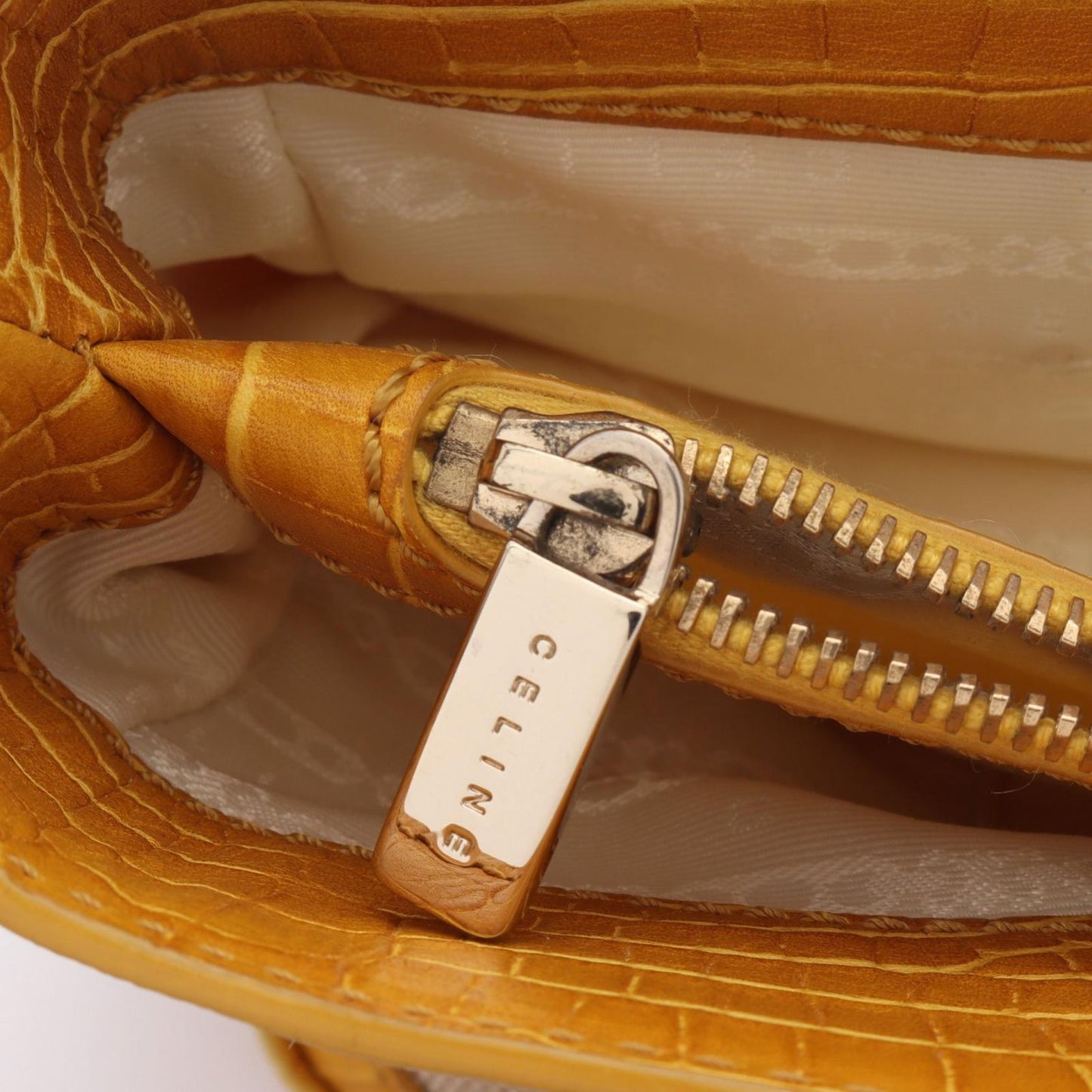 Celine Handbag Boogie Bag Croco Embossed Beige Yellow Canvas Leather — view 8
