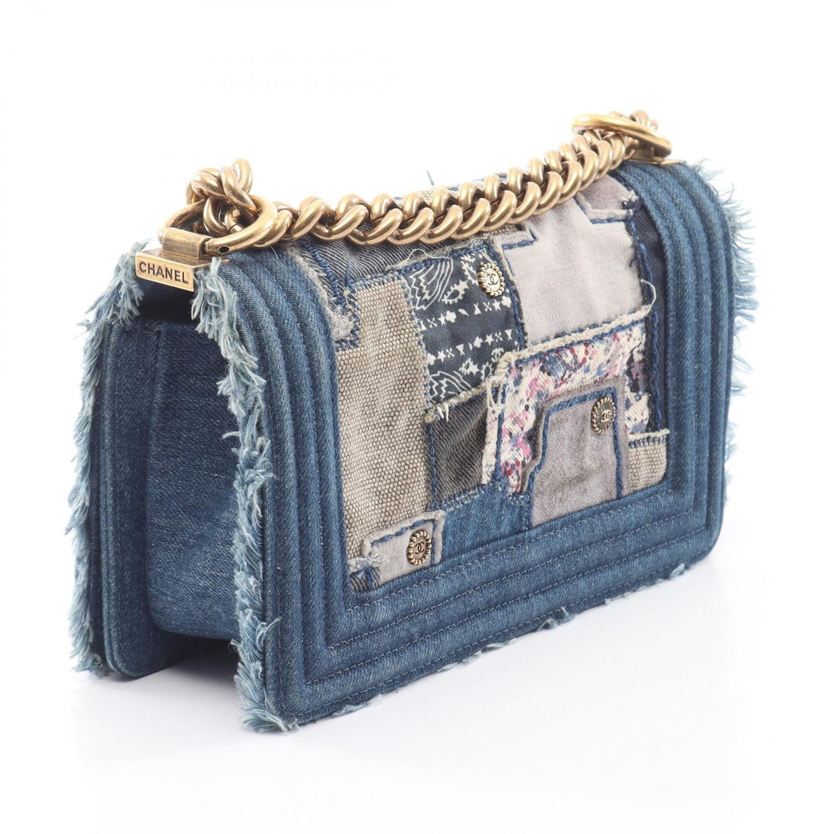Chanel Shoulder Bag Boy Small Patchwork Antique Gold Denim Blue Ivory Multi — view 2