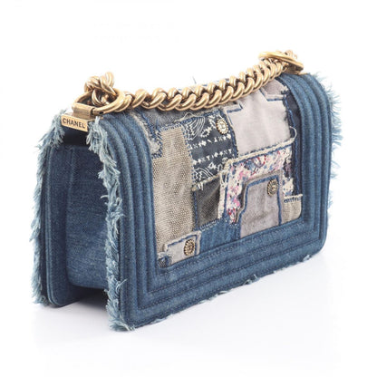 Chanel Shoulder Bag Boy Small Patchwork Antique Gold Denim Blue Ivory Multi — view 2