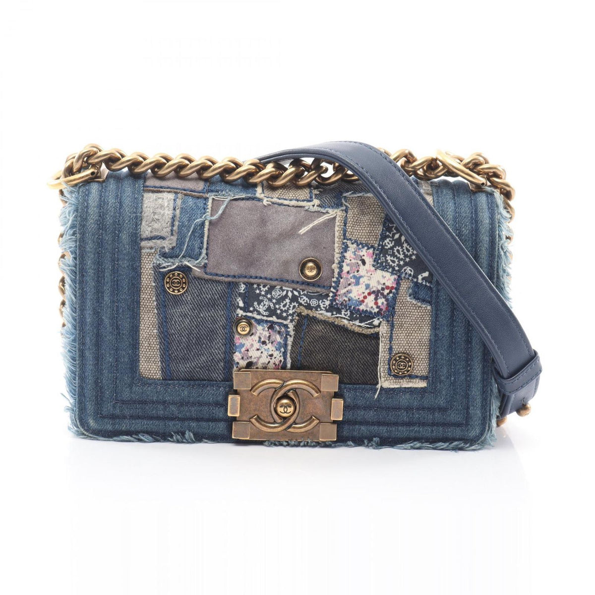 Chanel Shoulder Bag Boy Small Patchwork Antique Gold Denim Blue Ivory Multi