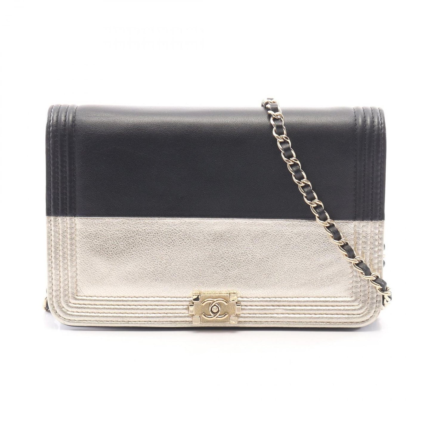 Chanel Shoulder Bag Boy Champagne Gold Black Lambskin Boy Chain Wallet