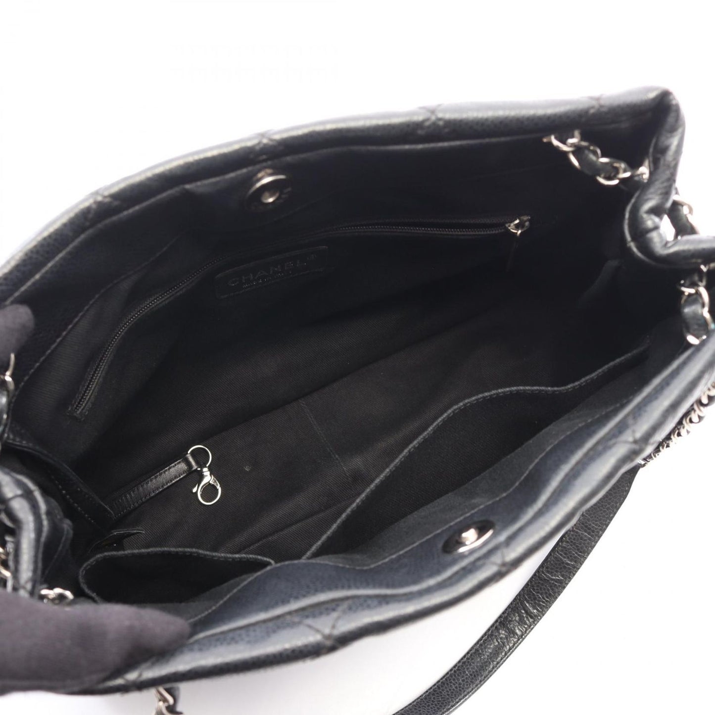 Chanel Tote Bag Quilted Black Caviar Leather CC Logo Chain — view 3
