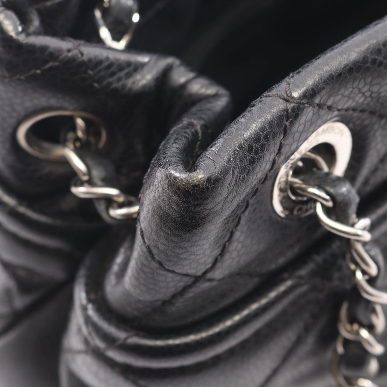 Chanel Tote Bag Quilted Black Caviar Leather CC Logo Chain — view 7