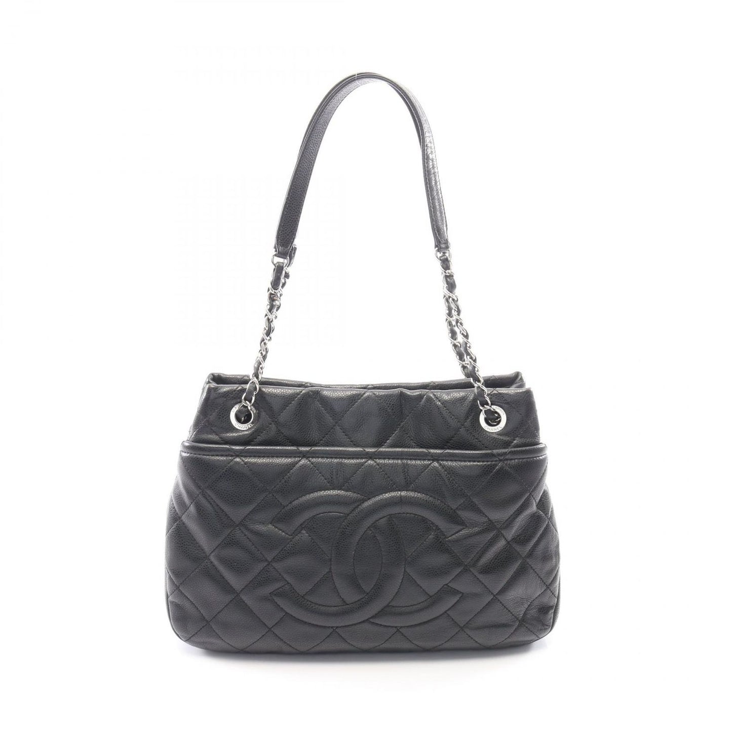 Chanel Tote Bag Quilted Black Caviar Leather CC Logo Chain