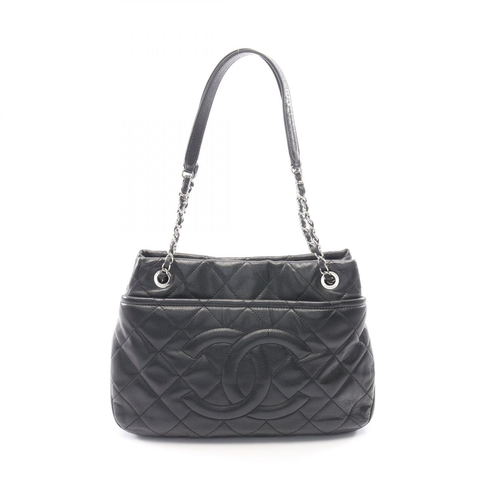 Chanel Tote Bag Quilted Black Caviar Leather CC Logo Chain