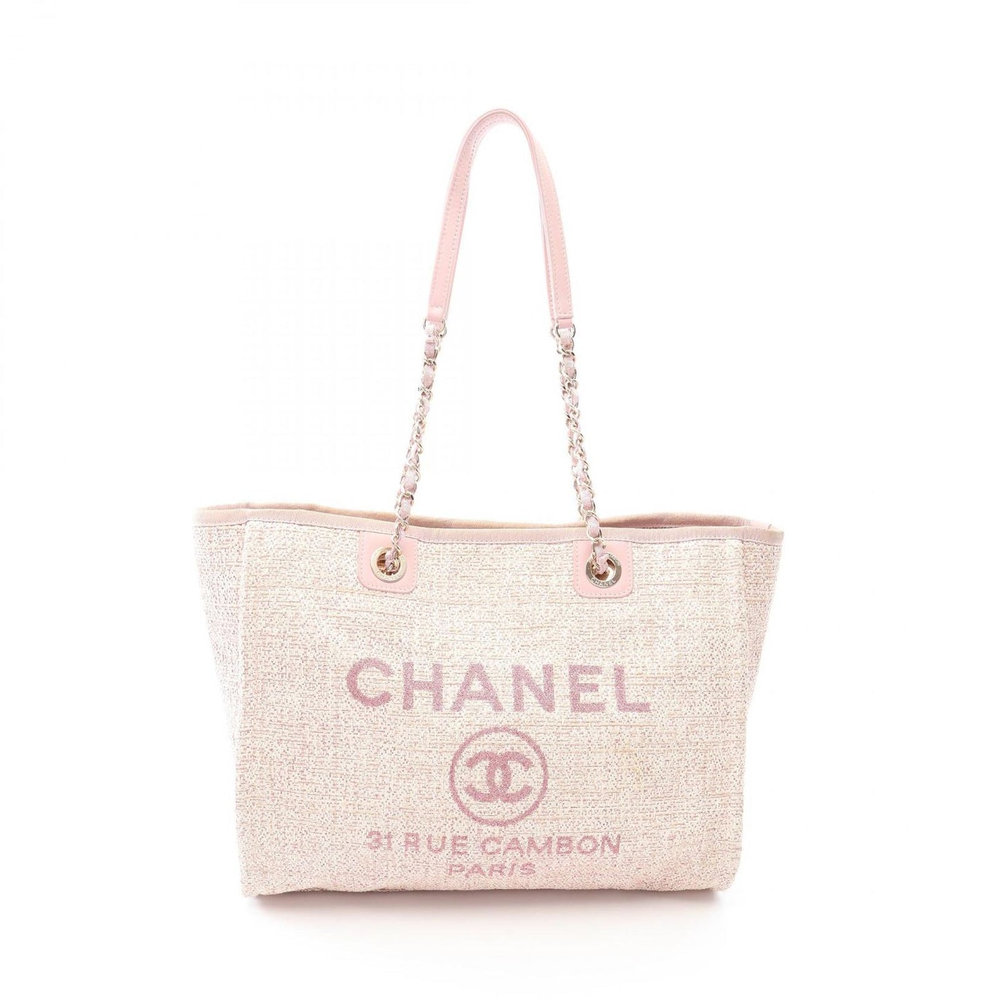 Chanel Tote Bag Deauville Pink Fabric Leather Chain MM