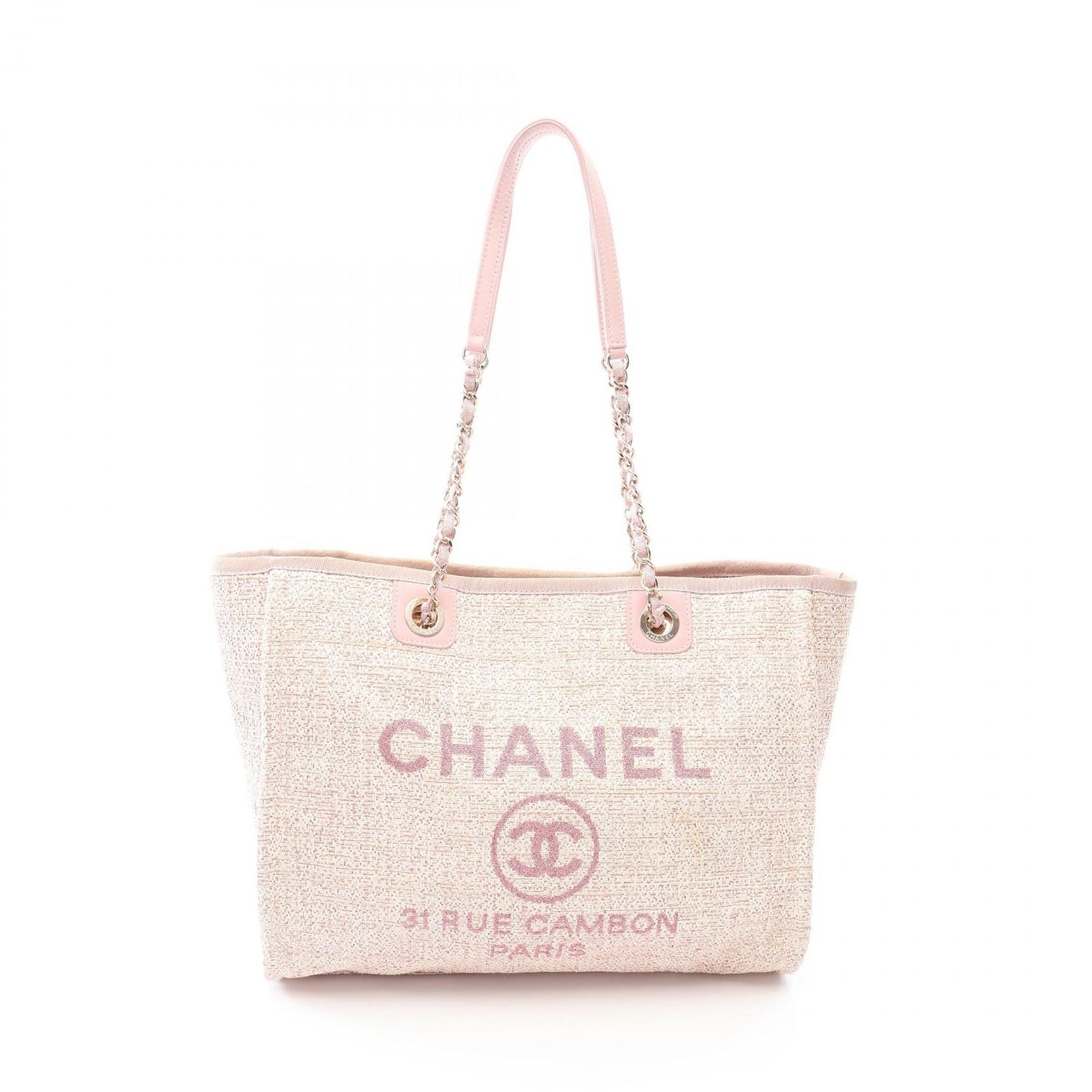 Chanel Tote Bag Deauville Pink Fabric Leather Chain MM