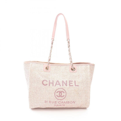 Chanel Tote Bag Deauville Pink Fabric Leather Chain MM