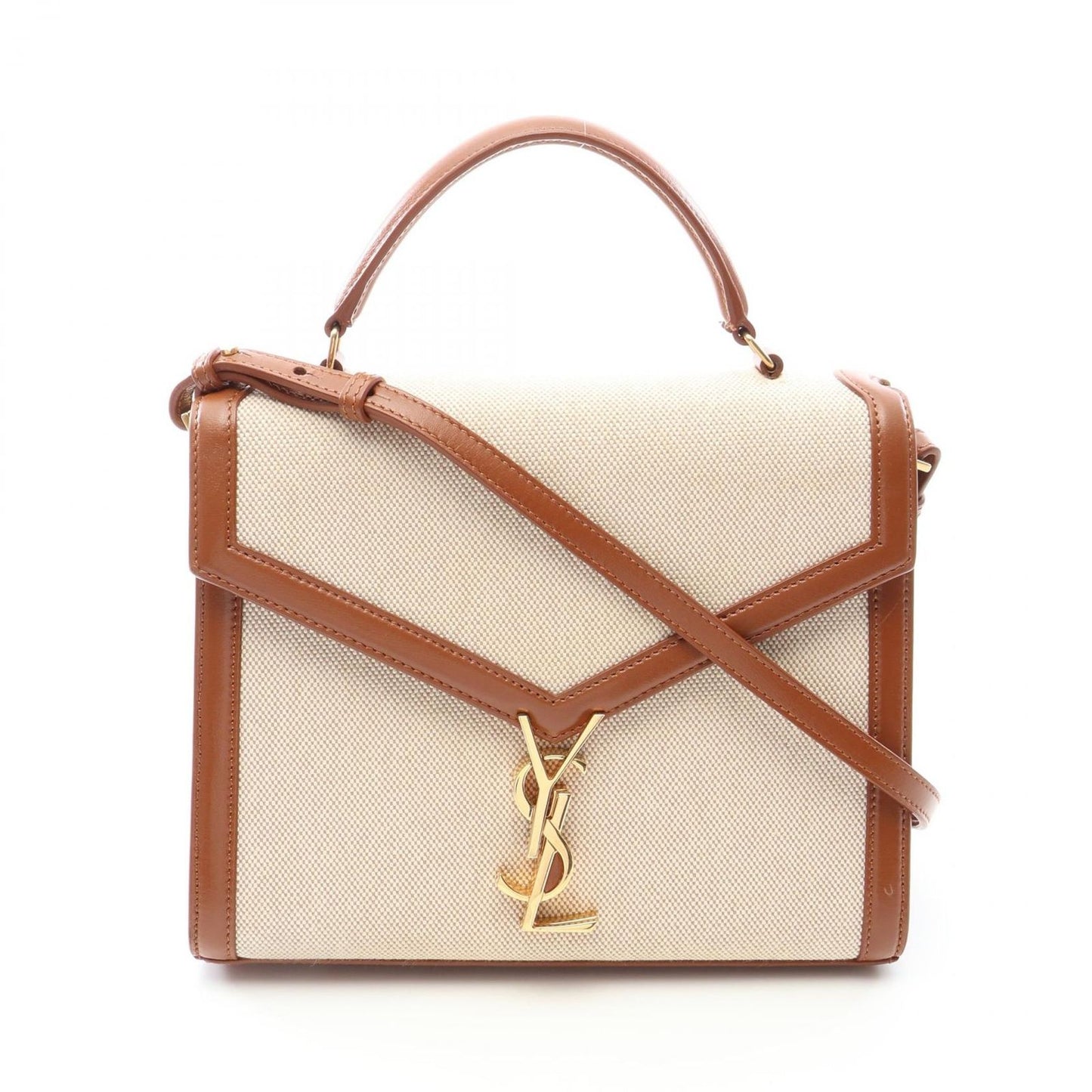 Saint Laurent Paris Handbag Cassandra 2-Way Ivory Brown Canvas Leather Top