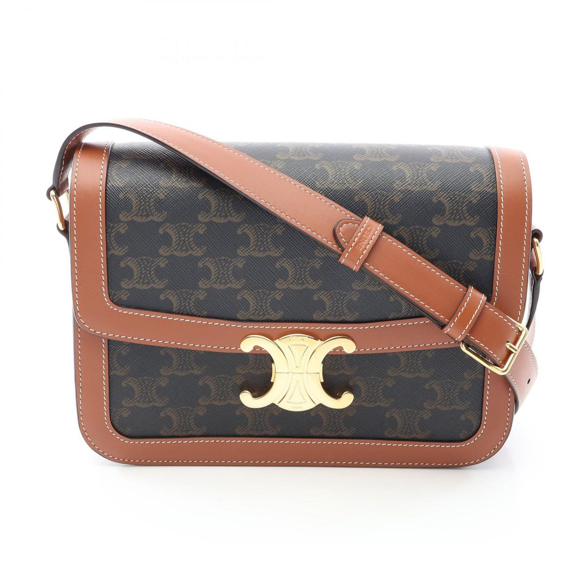 Celine Shoulder Bag Classic Triomphe Brown Black Canvas Leather