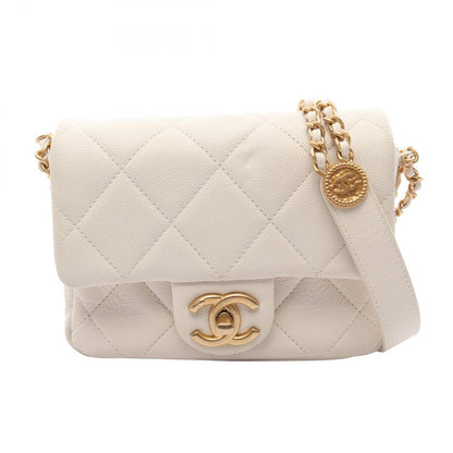 Chanel Shoulder Bag Quilted Mini Flap White Caviar Leather Small Chain