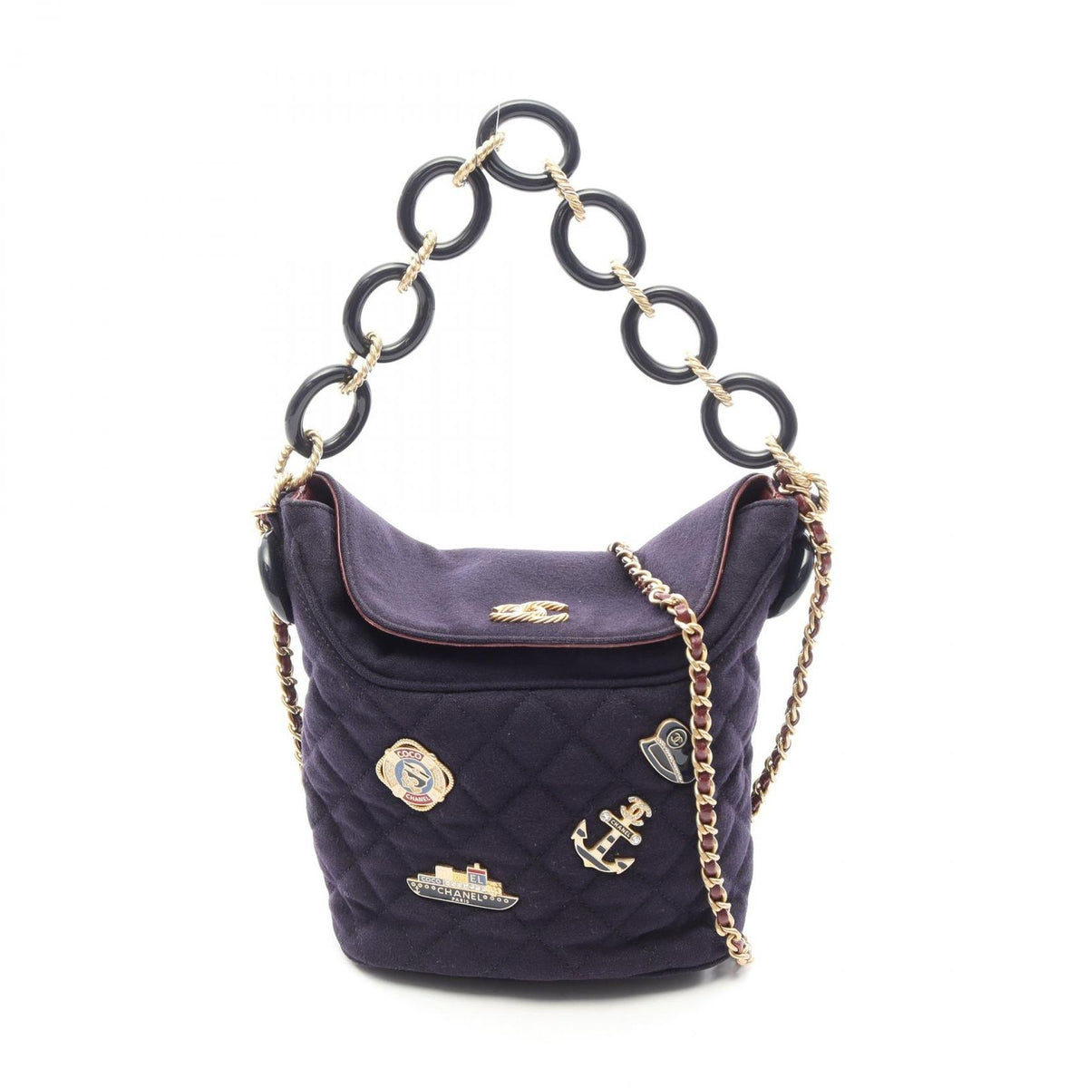 Chanel Shoulder Bag Paris Hamburg Quilted Navy Wool Leather 2-Way Chain