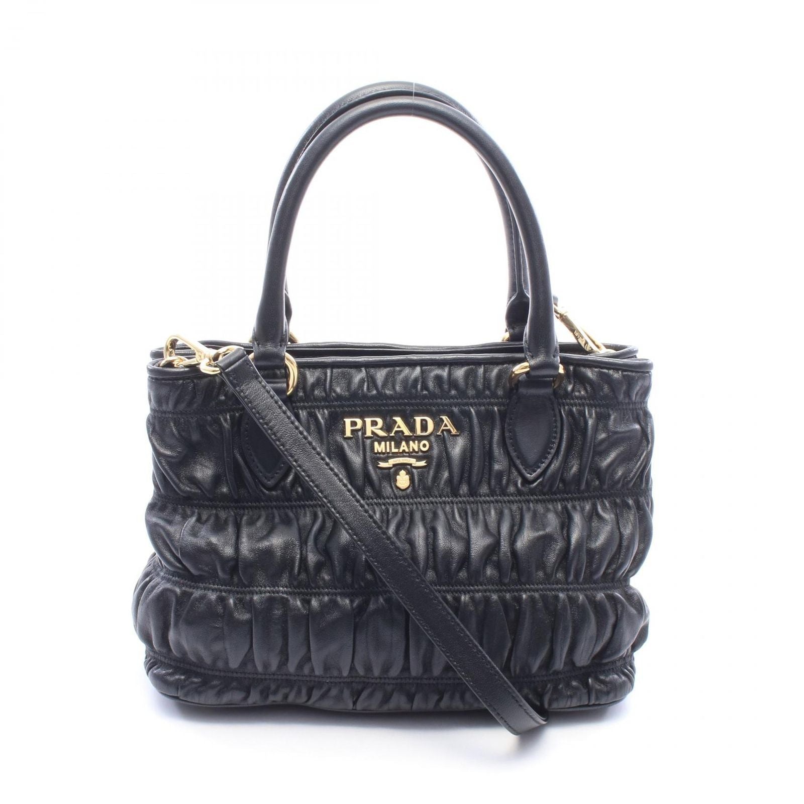 Prada Handbag Black Leather Gathered 2-Way Tote