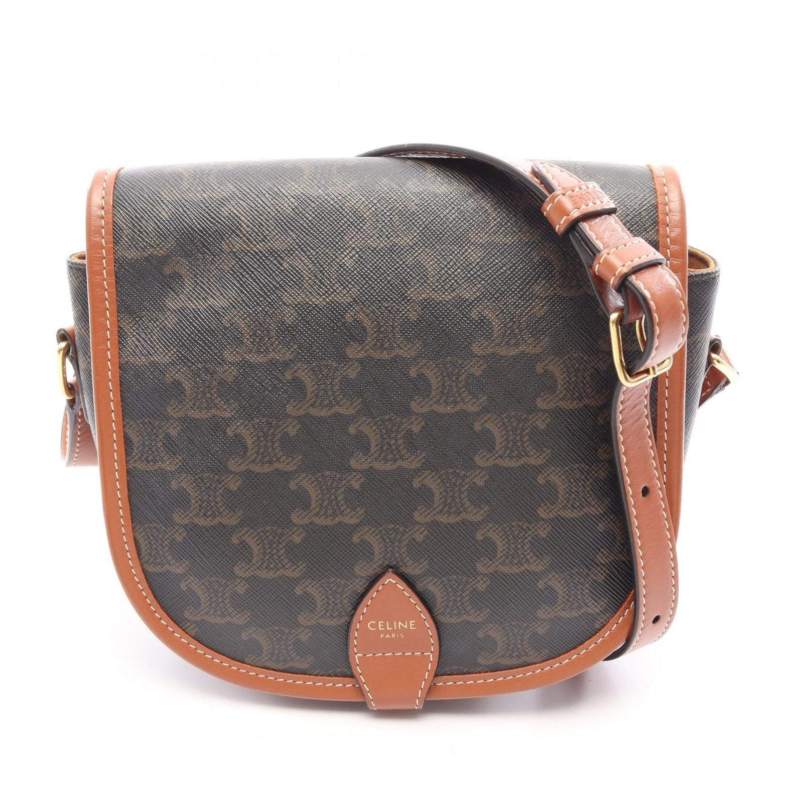 Celine Shoulder Bag Folco Triomphe Brown Black Canvas Leather Falco