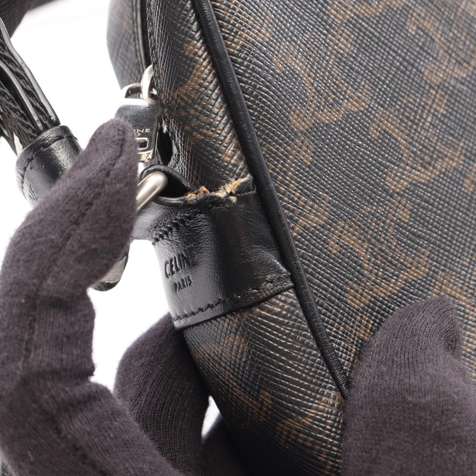 Celine Shoulder Bag Triomphe Black Brown White Canvas Leather — view 7
