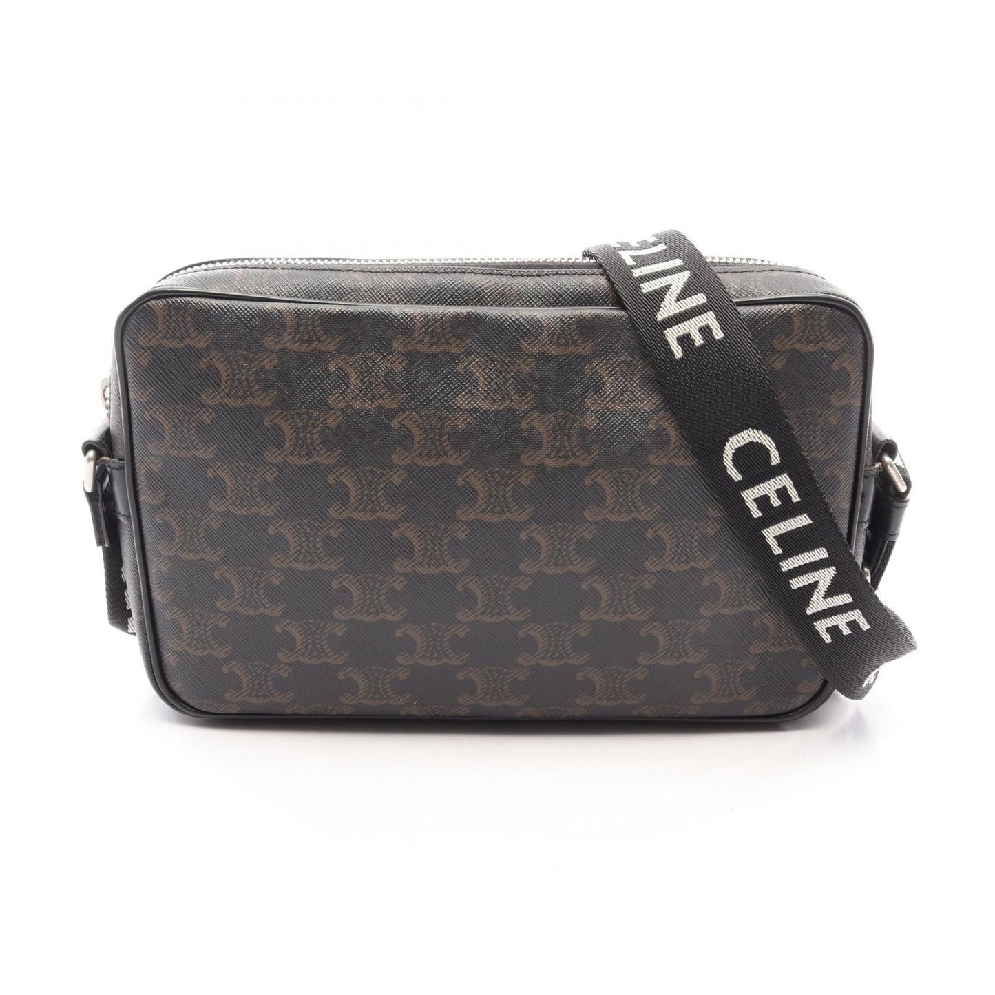 Celine Shoulder Bag Triomphe Black Brown White Canvas Leather