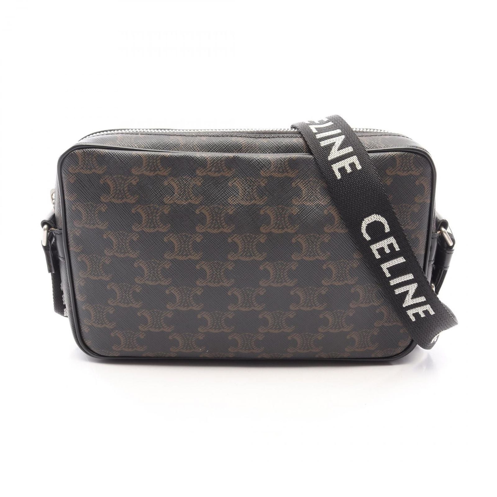Celine Shoulder Bag Triomphe Black Brown White Canvas Leather