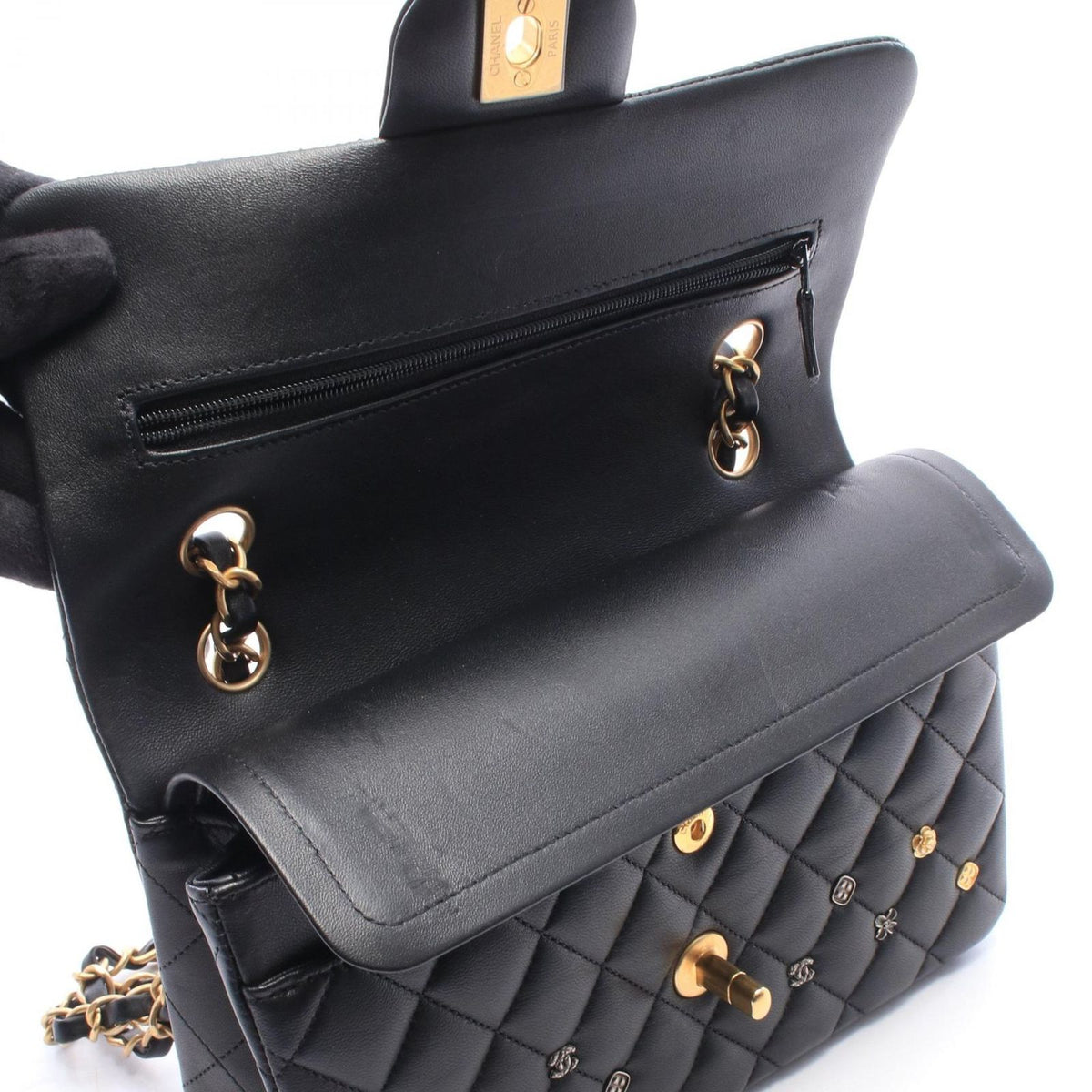 Chanel Shoulder Bag Quilted Double Flap Black Lambskin Key Charm Chain — view 8