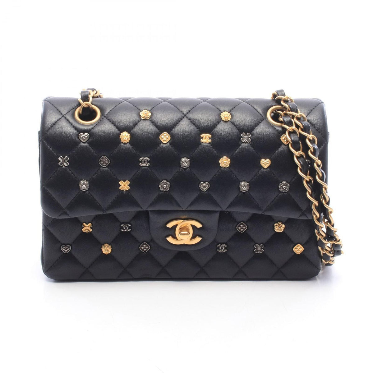 Chanel Shoulder Bag Quilted Double Flap Black Lambskin Key Charm Chain