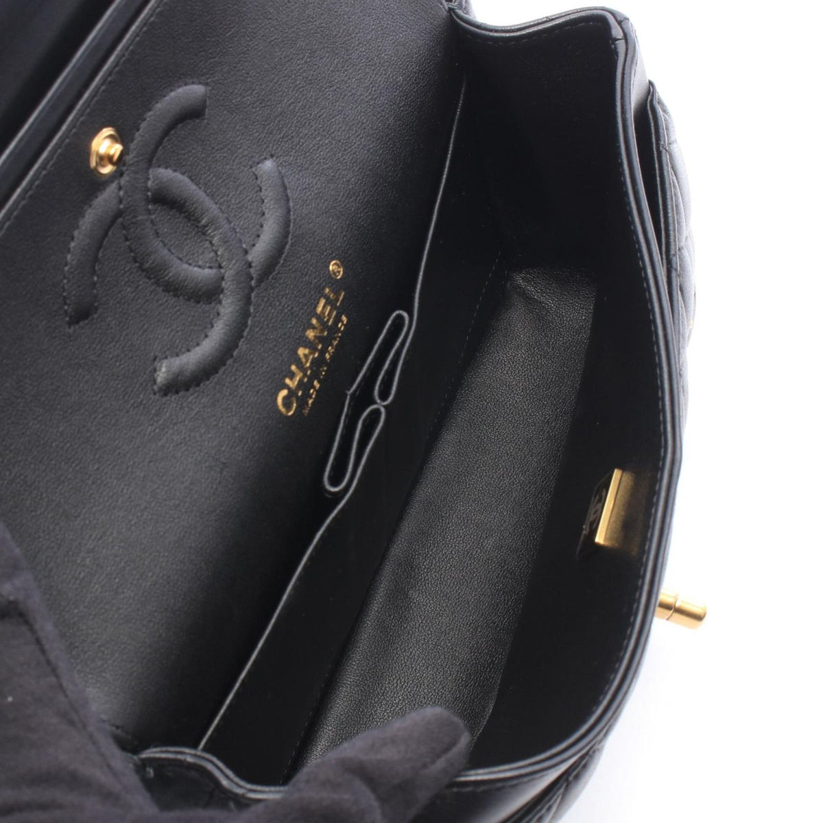 Chanel Shoulder Bag Quilted Double Flap Black Lambskin Key Charm Chain — view 3