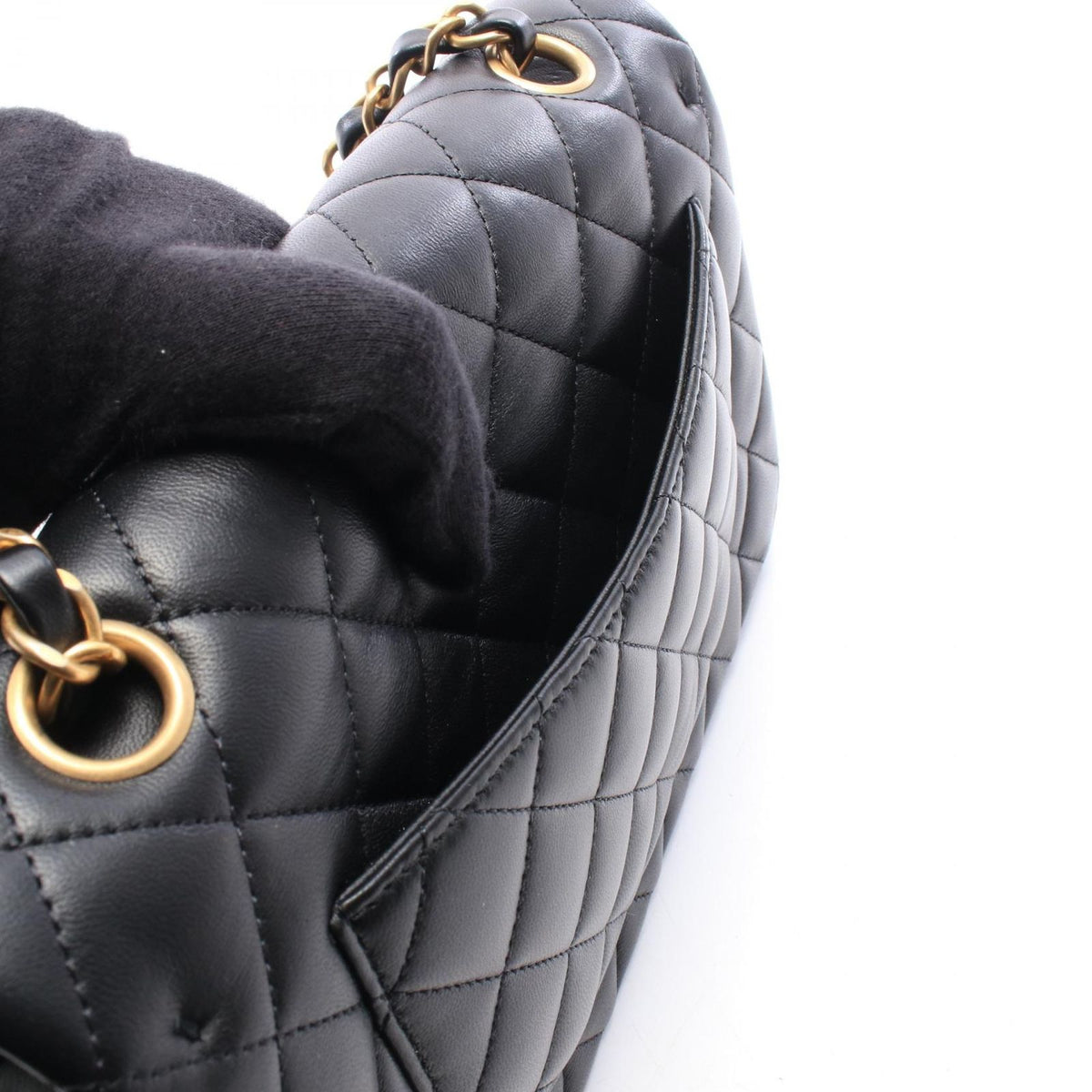 Chanel Shoulder Bag Quilted Double Flap Black Lambskin Key Charm Chain — view 6