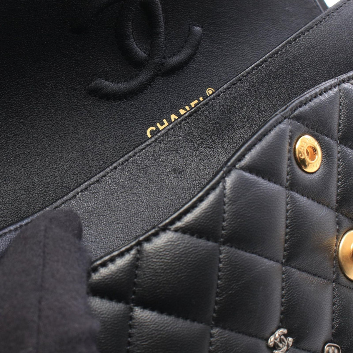 Chanel Shoulder Bag Quilted Double Flap Black Lambskin Key Charm Chain — view 7