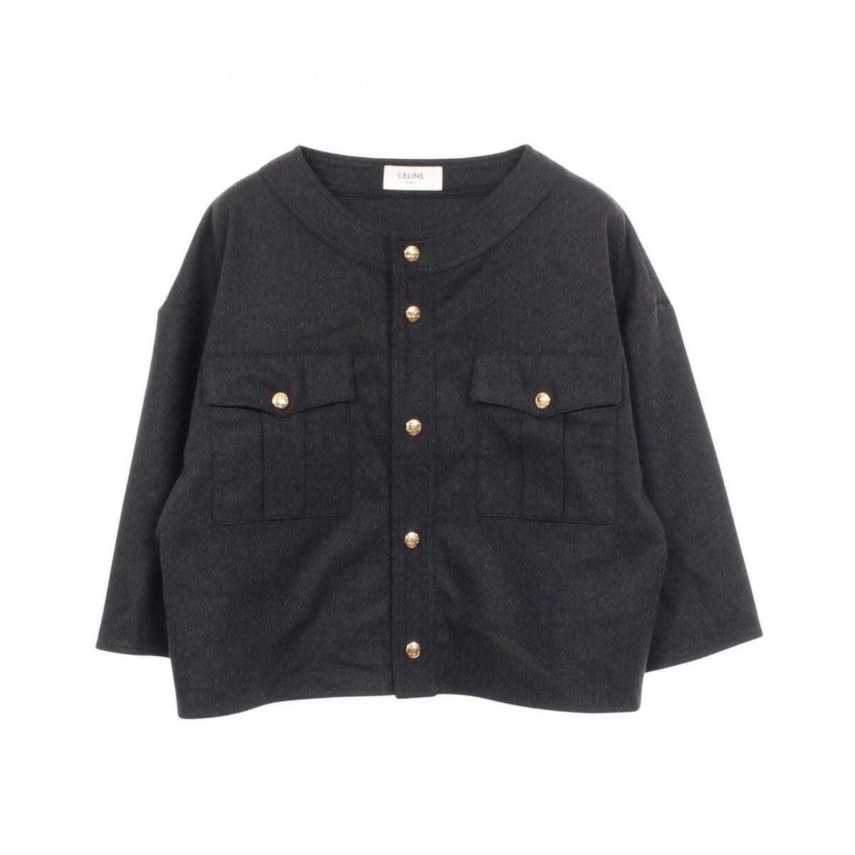 Celine Collarless Jacket Crop Top Triomphe Button Flap Pocket Cashmere