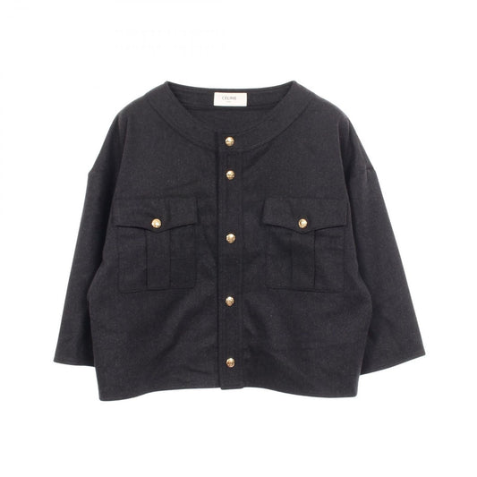 Celine Collarless Jacket Crop Top Triomphe Button Flap Pocket Cashmere