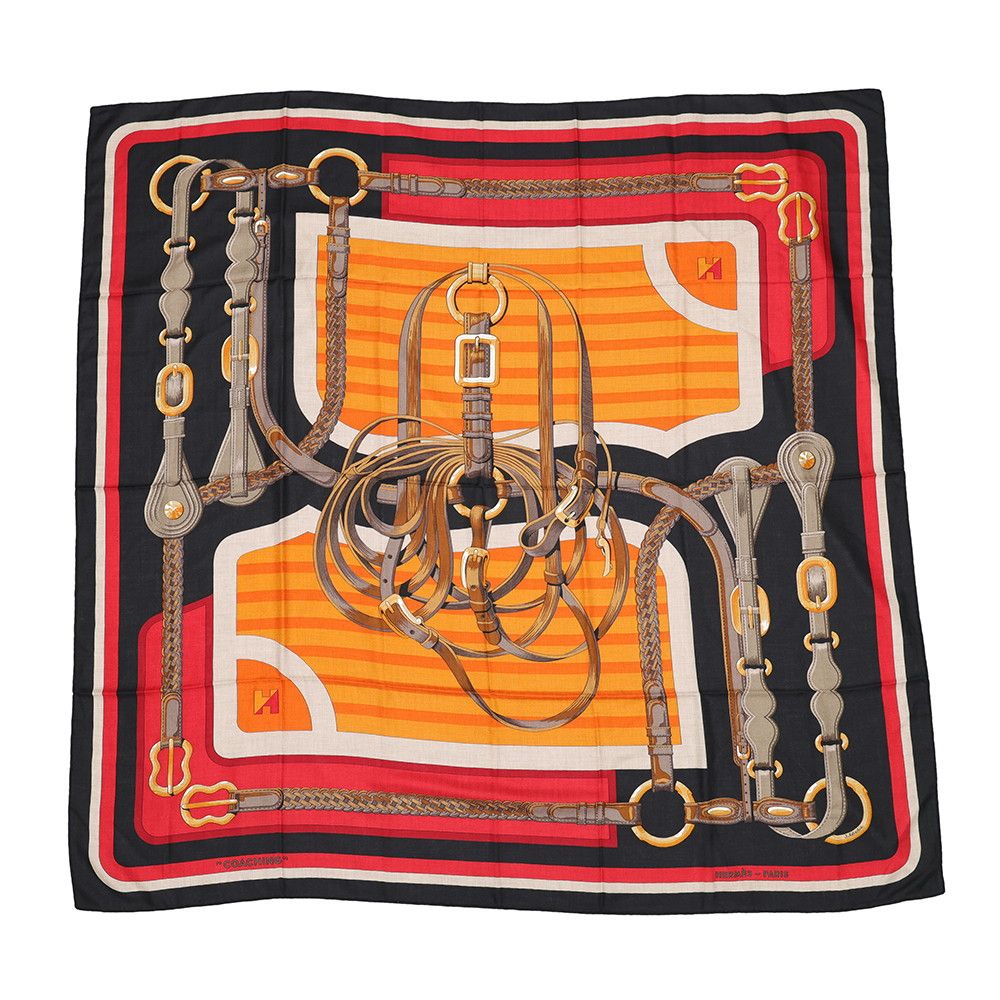 Hermes Shawl Carre Geant 140 Coaching Cashmere Silk Black Scarf