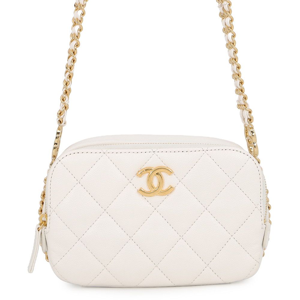 Chanel Chain Shoulder Bag Quilted CC Logo Caviar Leather White
