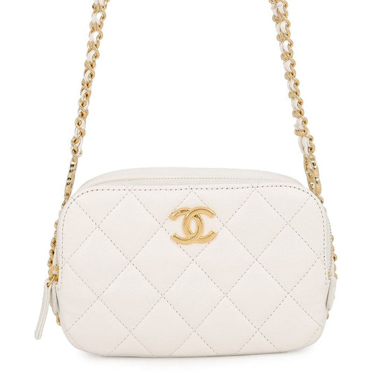 Chanel Chain Shoulder Bag Quilted CC Logo Caviar Leather White