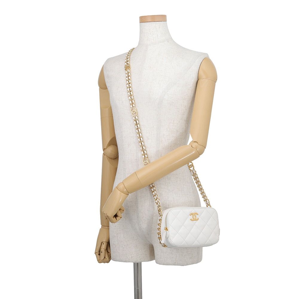 Chanel Chain Shoulder Bag Quilted CC Logo Caviar Leather White — view 4