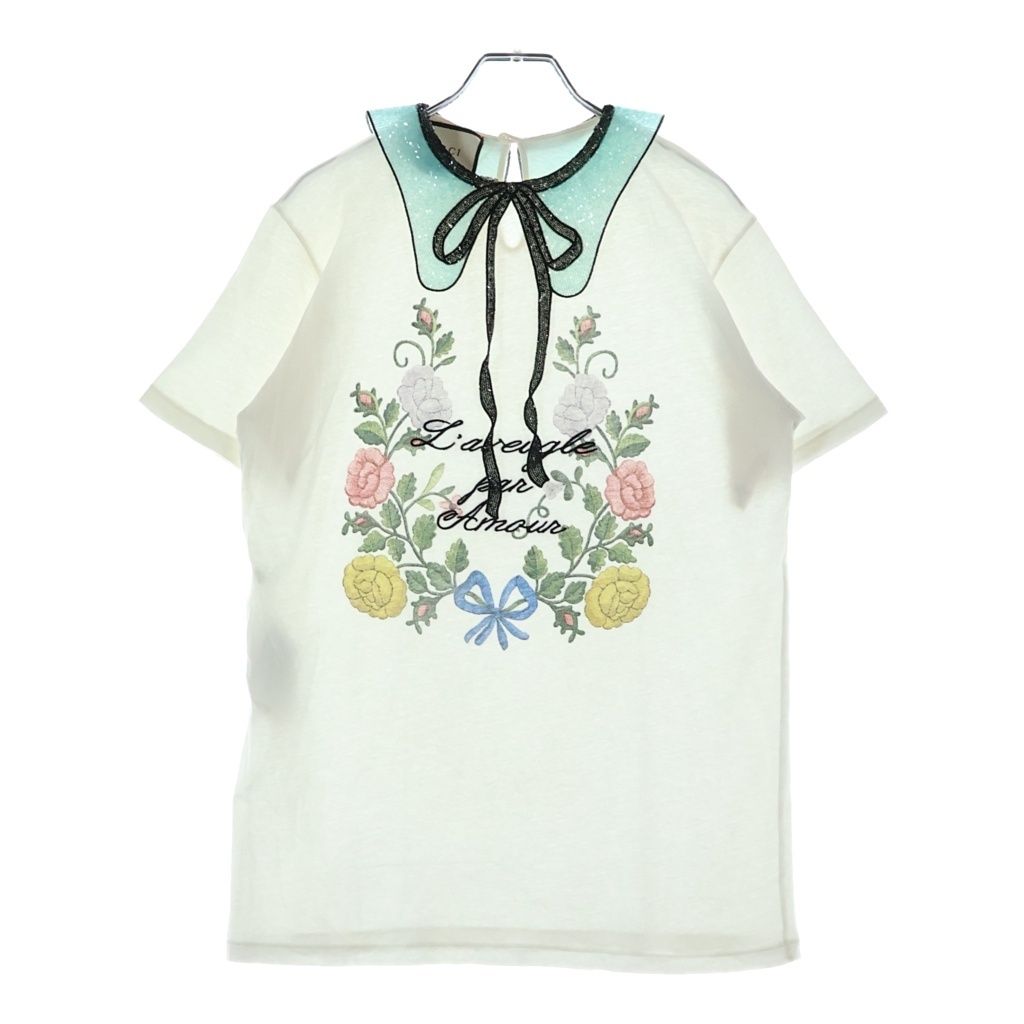 Gucci Floral Blouse Sequin Ribbon Short Sleeve T-Shirt White