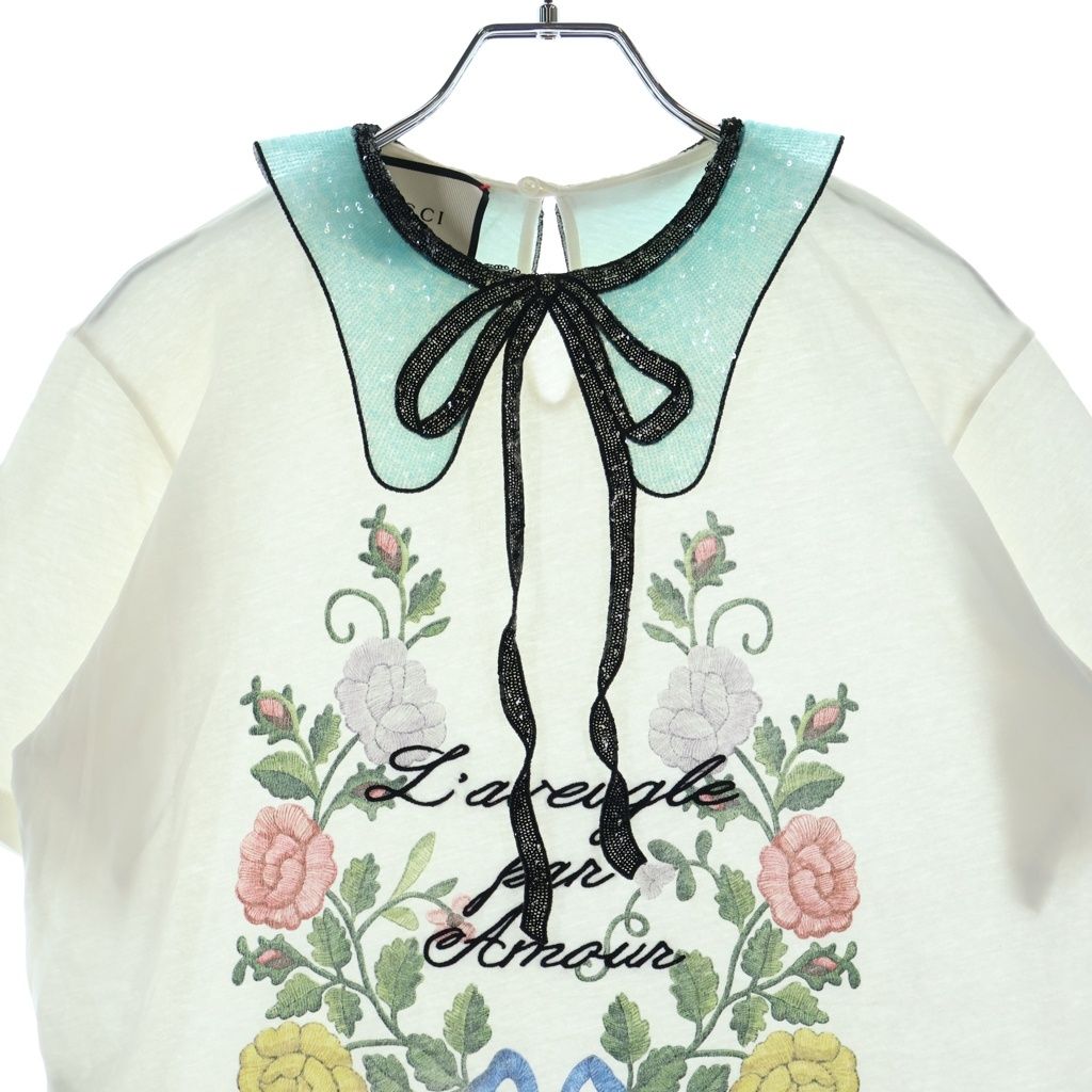 Gucci Floral Blouse Sequin Ribbon Short Sleeve T-Shirt White — view 3