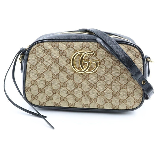Gucci GG Marmont Canvas Leather Chain Shoulder Bag Gold Beige Black