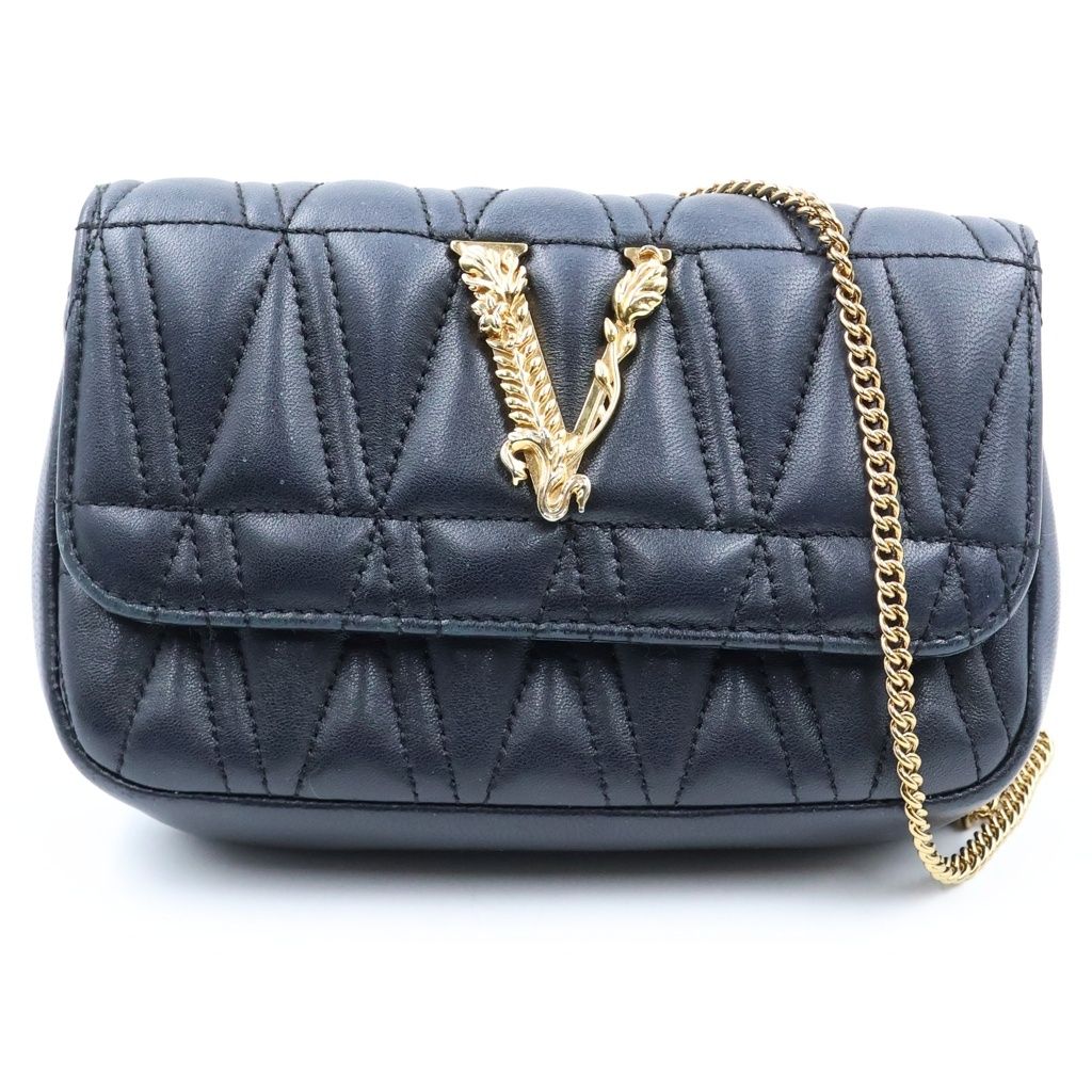 Versace Virtus Logo Plate Quilted Lambskin Leather Chain Shoulder Bag Gold Black
