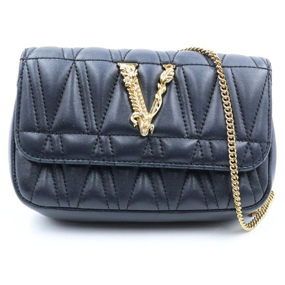Versace Virtus Logo Plate Quilted Lambskin Leather Chain Shoulder Bag Gold Black