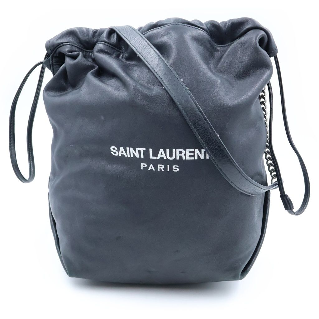 Saint Laurent Paris Teddy Pouch Leather Chain Shoulder Bag Drawstring Black