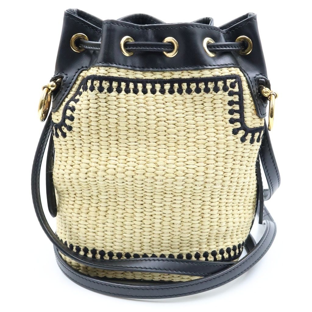 Fendi Mon Tresor Small Shoulder Bag Bucket Raffia Beige Black — view 2
