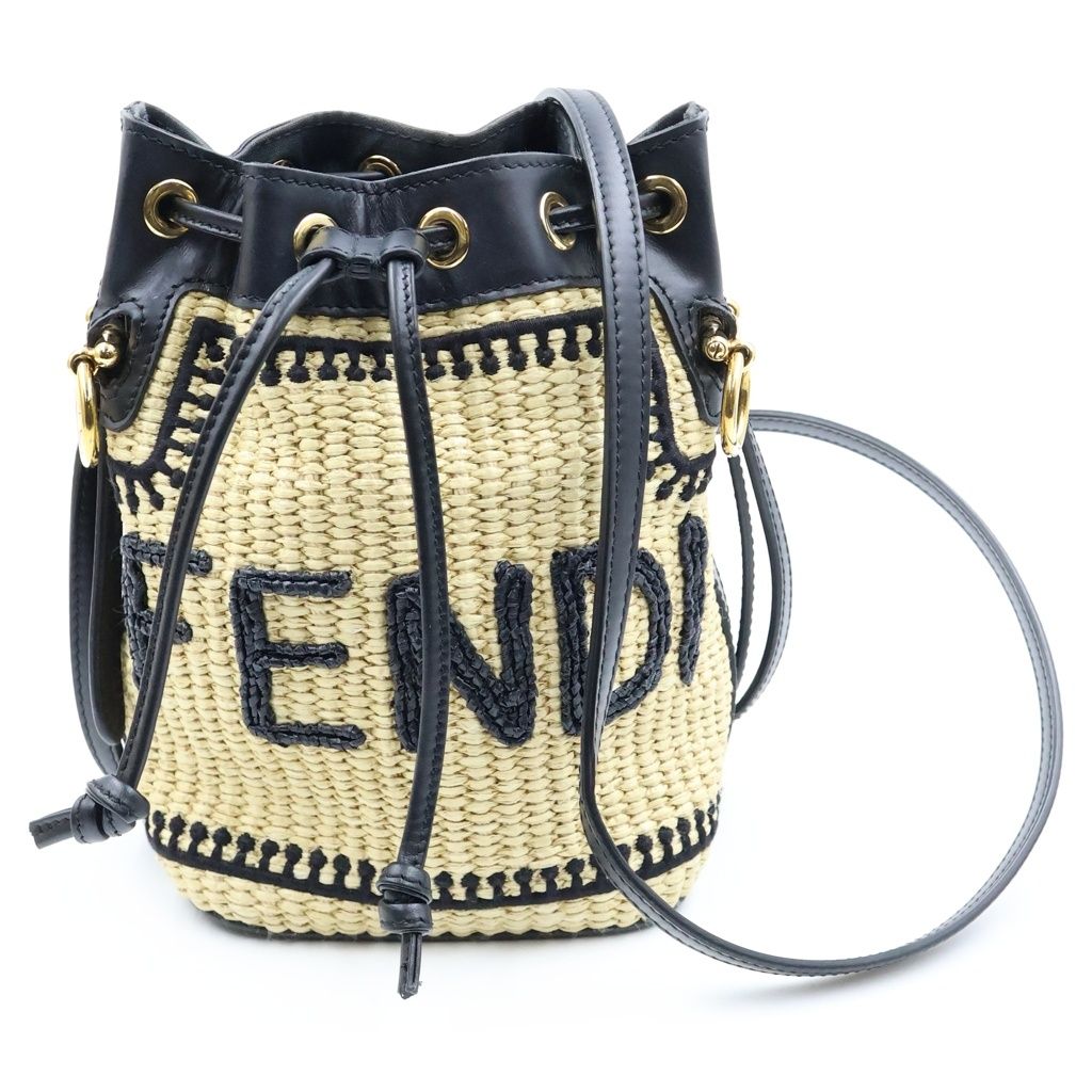 Fendi Mon Tresor Small Shoulder Bag Bucket Raffia Beige Black