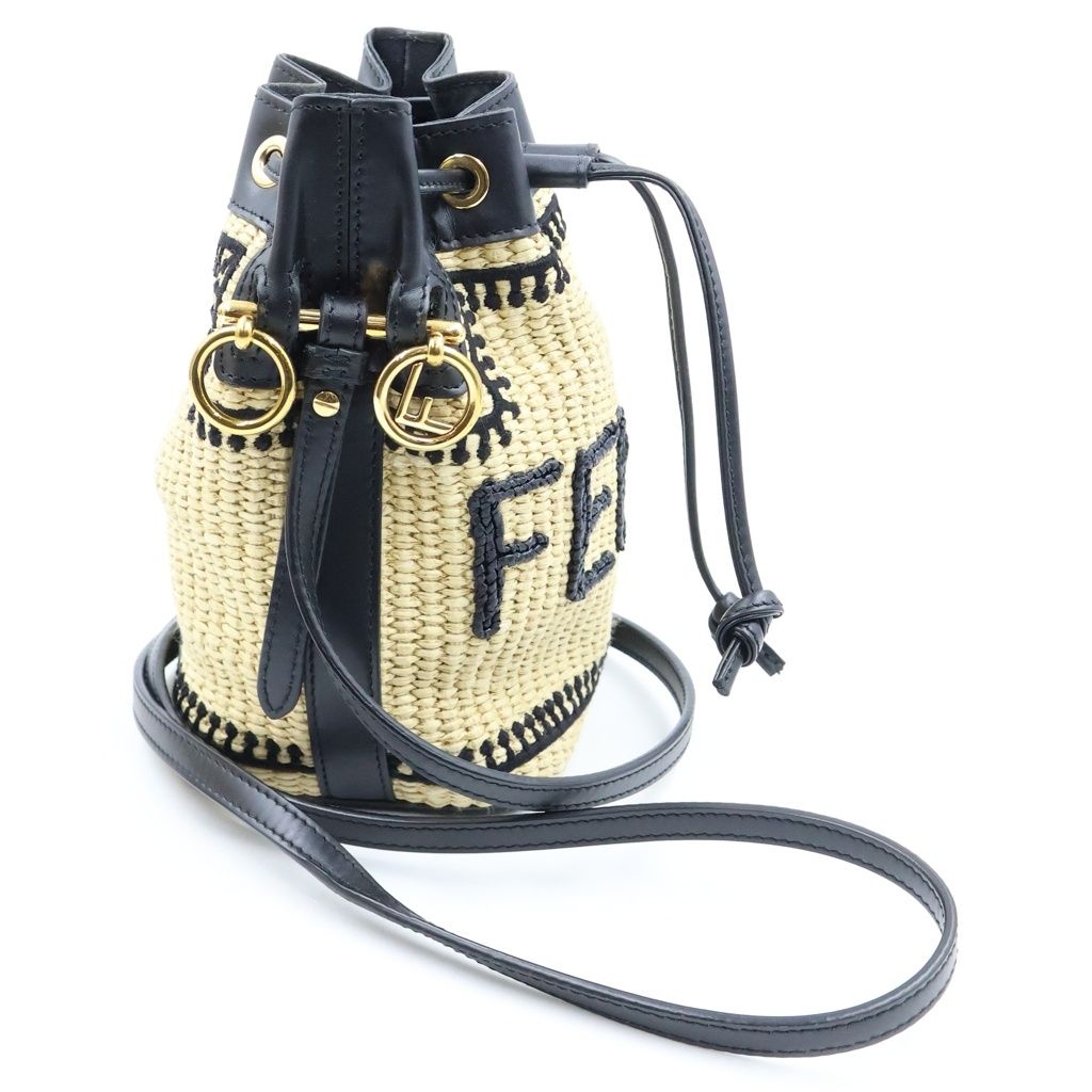 Fendi Mon Tresor Small Shoulder Bag Bucket Raffia Beige Black — view 3