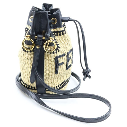 Fendi Mon Tresor Small Shoulder Bag Bucket Raffia Beige Black — view 3