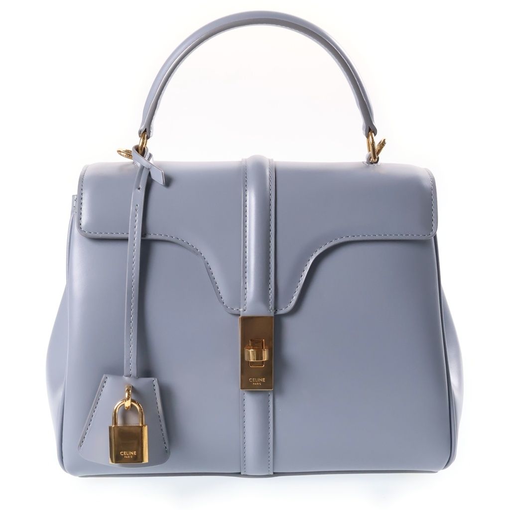 Celine 16 Saise Small Shoulder Back Handbag Gold Leather Blue Gray