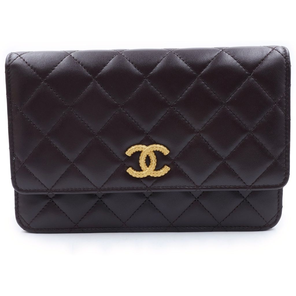 Chanel Quilted Lambskin Leather Chain Wallet Shoulder Bag Gold Brown Plate
